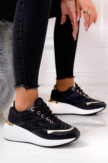 Black jewel sneakers with thick sole