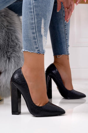 Black python-effect pumps with comfortable heel