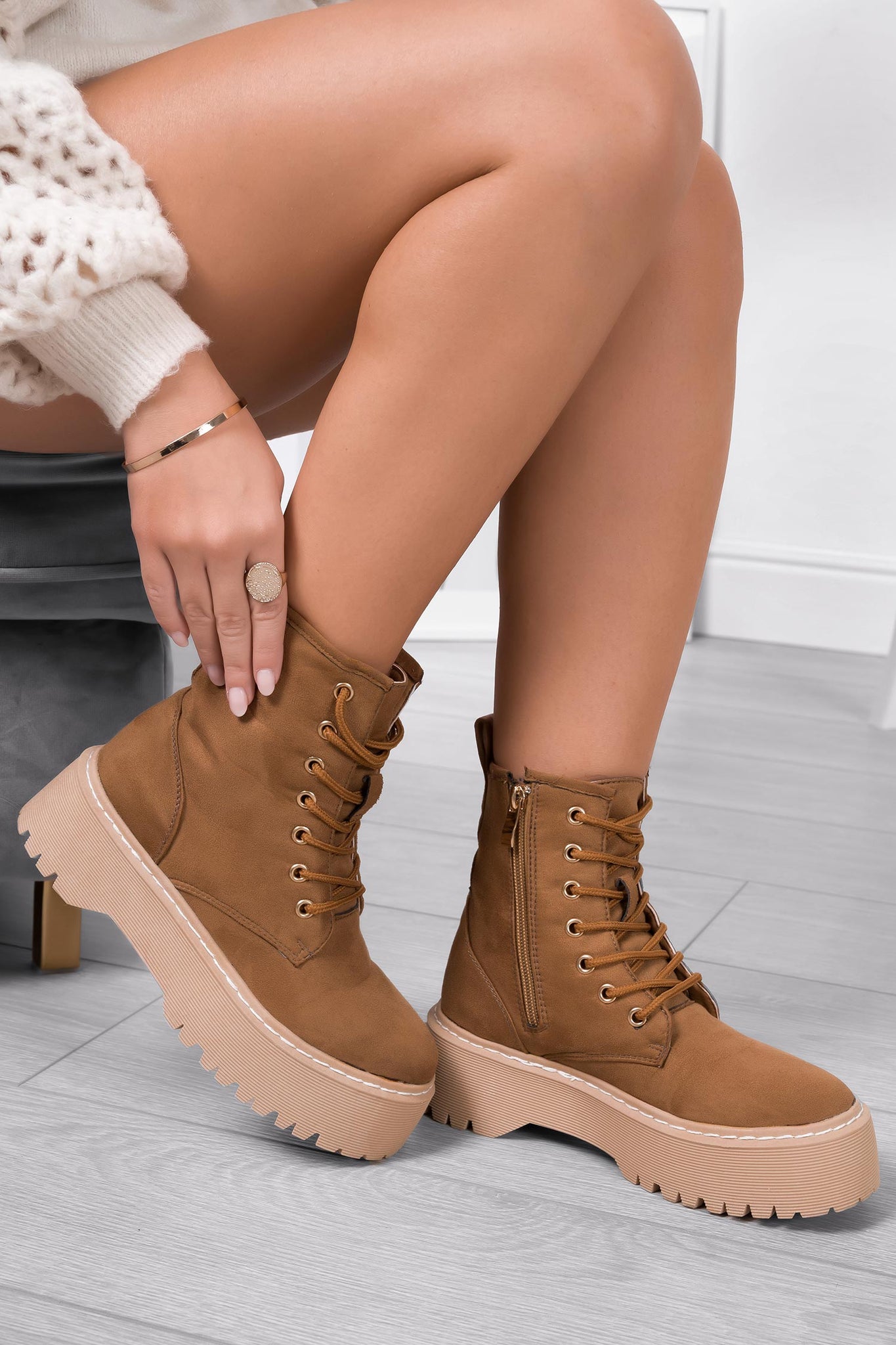 LARISSA - Alexoo camel suede combat boots with thick sole