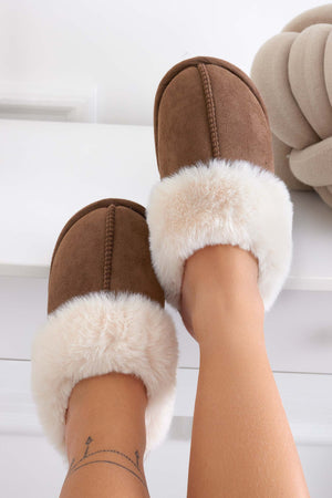Brown padded slippers with faux fur trim