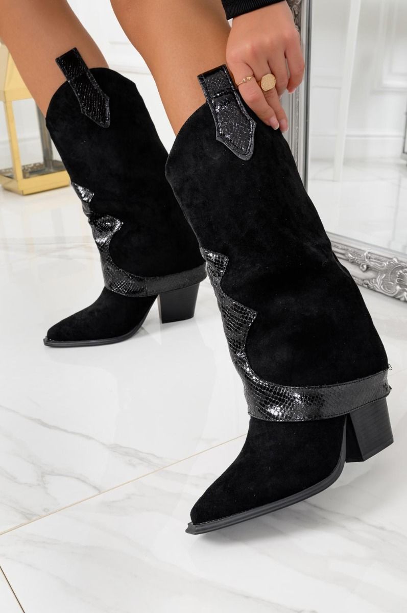 Bottes camperos noires avec empiècements effet python