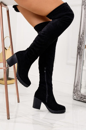 Black suede over-the-knee boots with comfortable heel