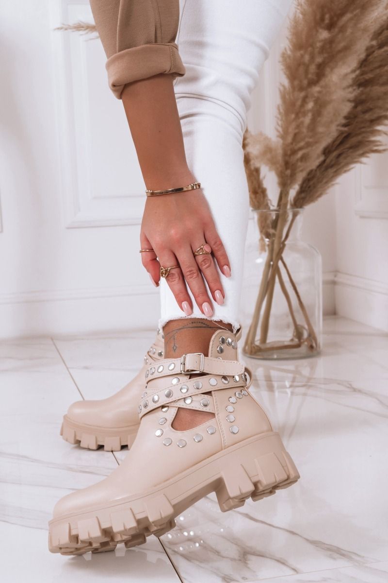 Beige studded biker ankle boots