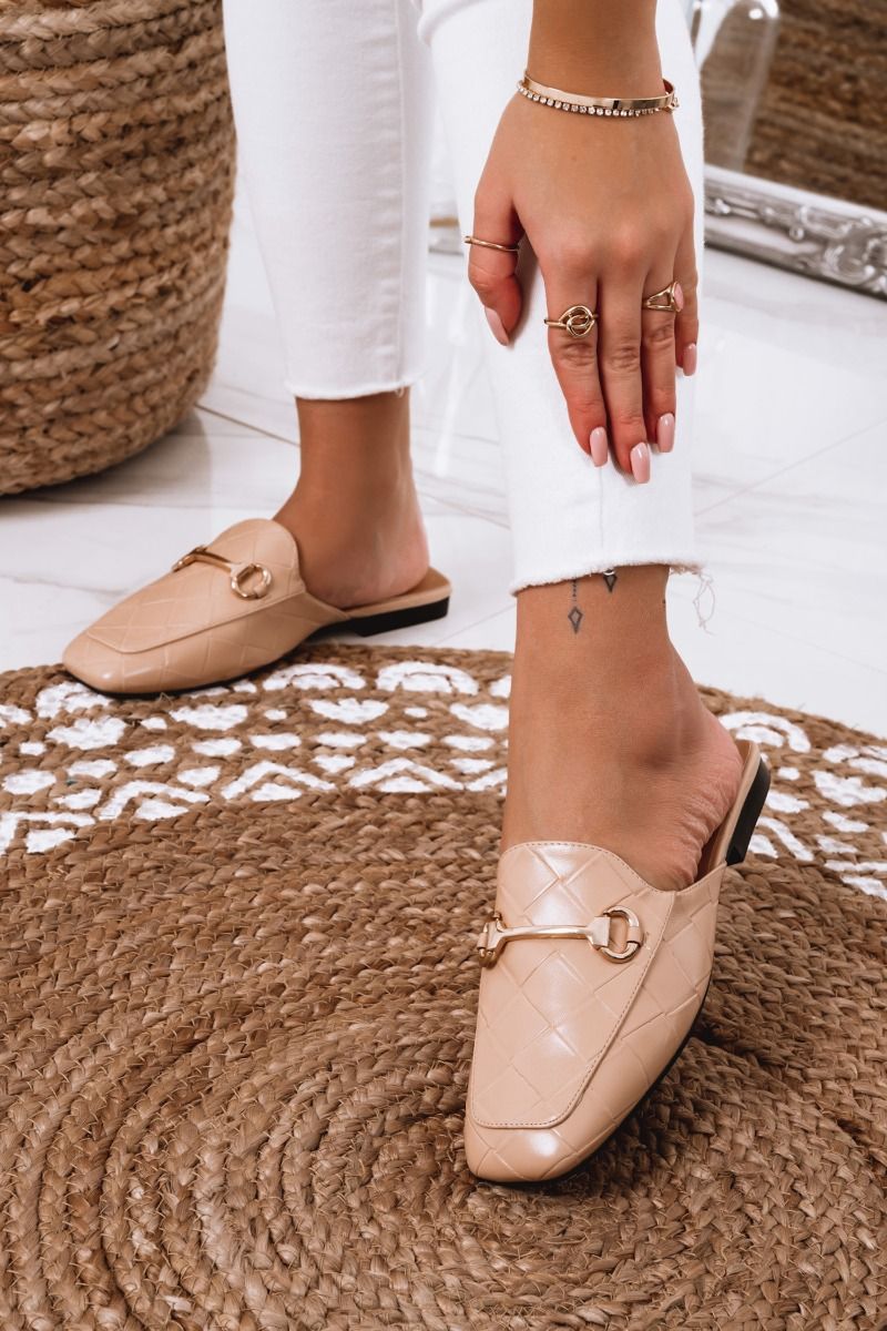 open beige loafers with checkered pattern