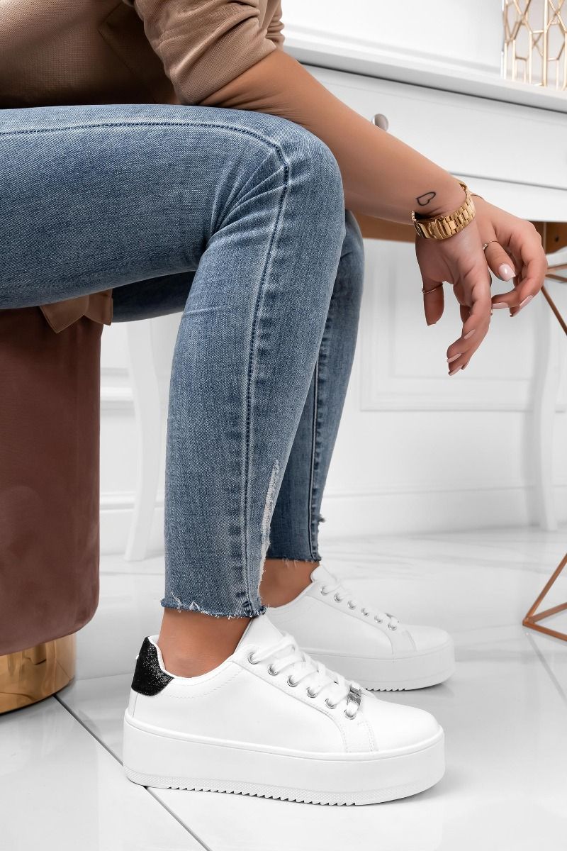 CARRY - White sneakers with silver details and black glitter heel