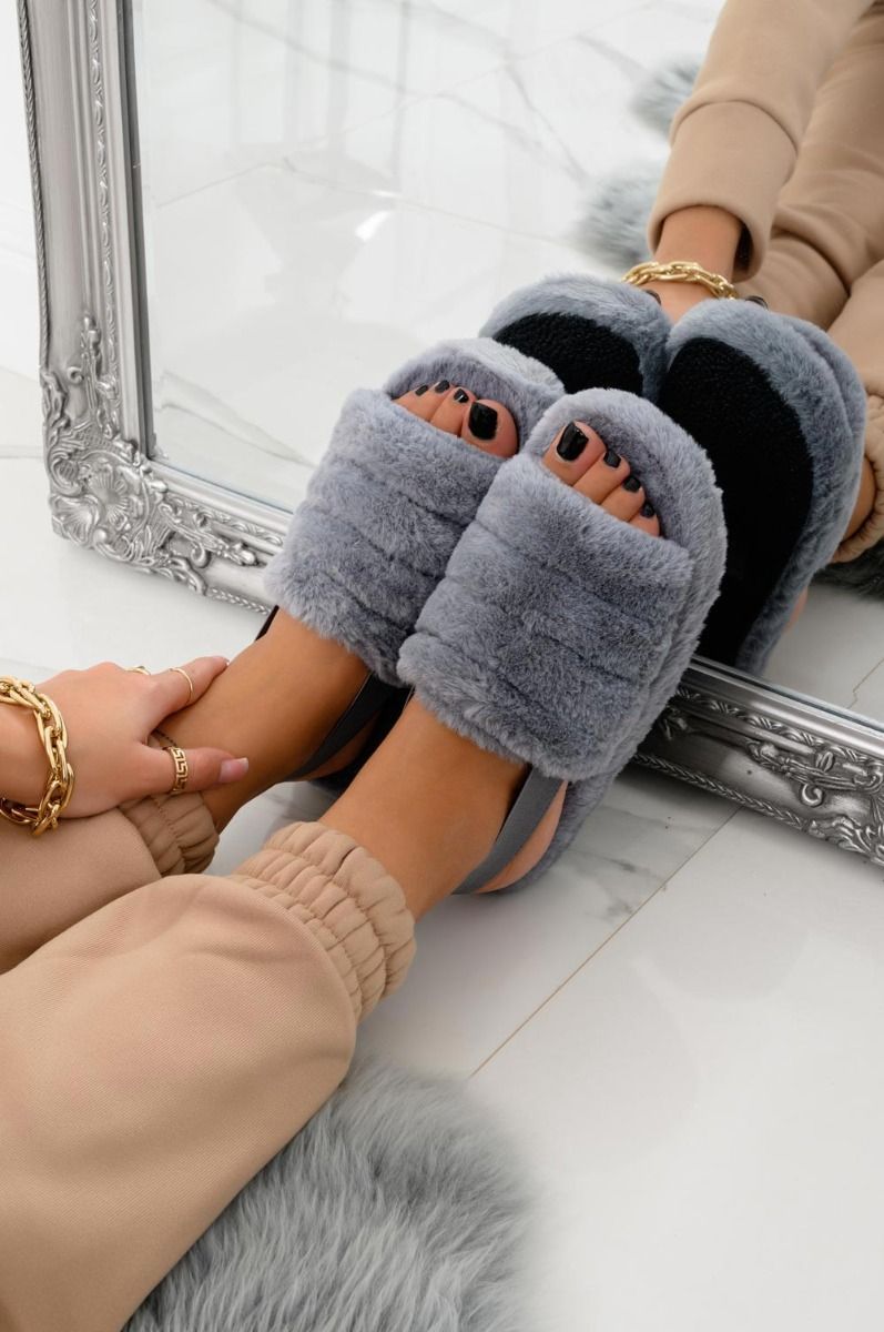 Light grey faux fur slide sandals with elastic Daina