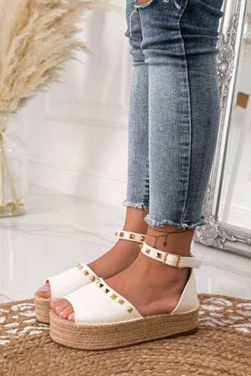 White espadrilles with strap and gold studs
