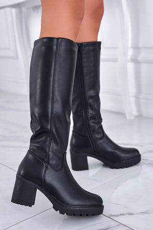 Black faux leather boots with comfortable heel