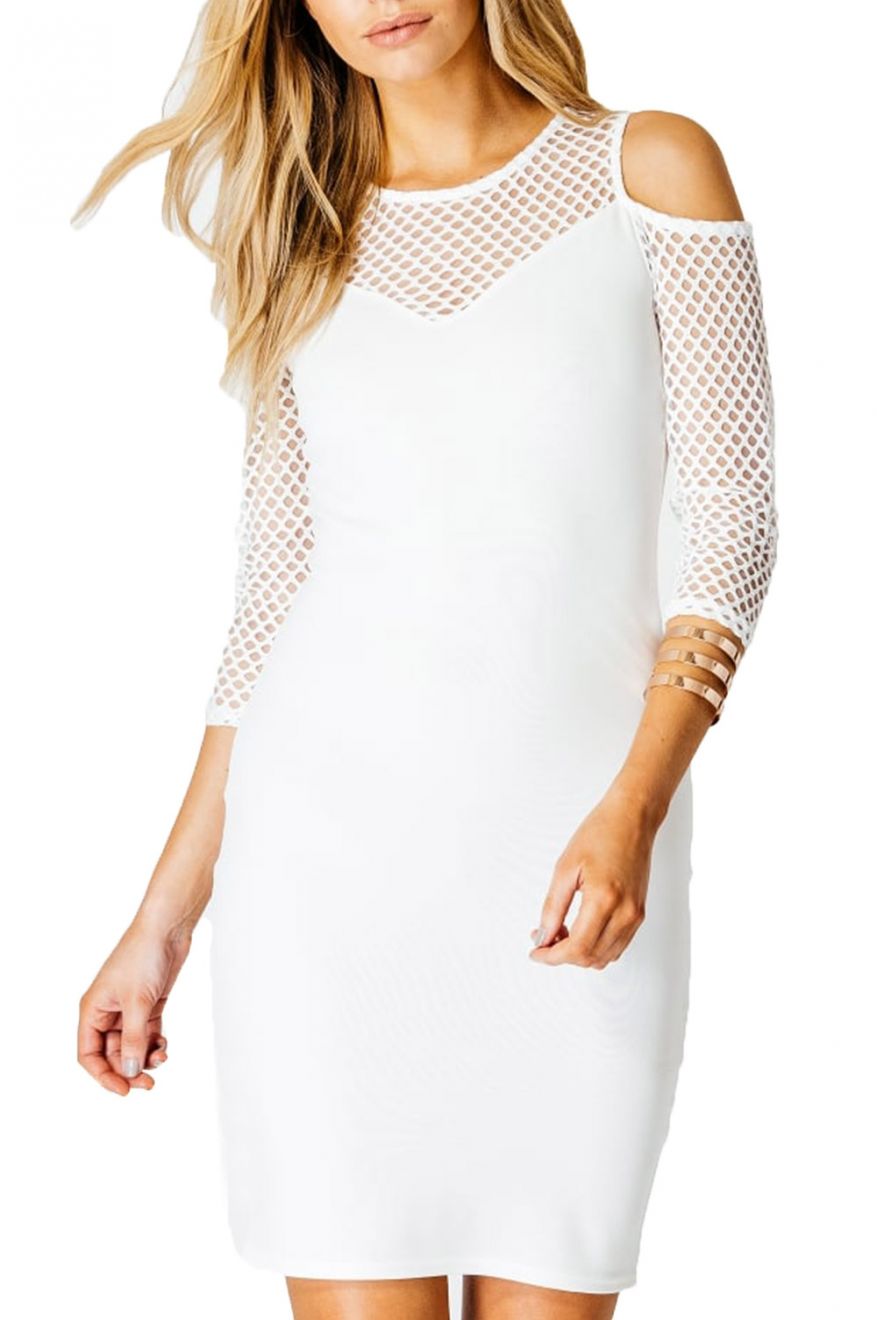 Sheath dress with mesh sleeves and neckline - White