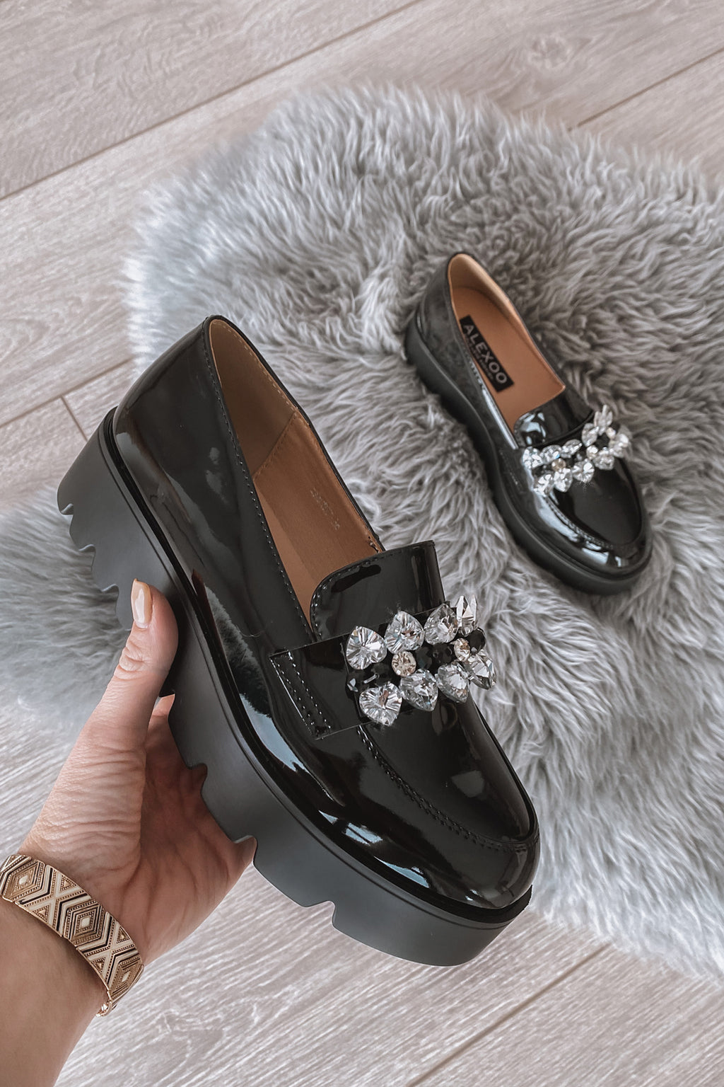 CECILIE - Mocassins noirs en vernis avec strass