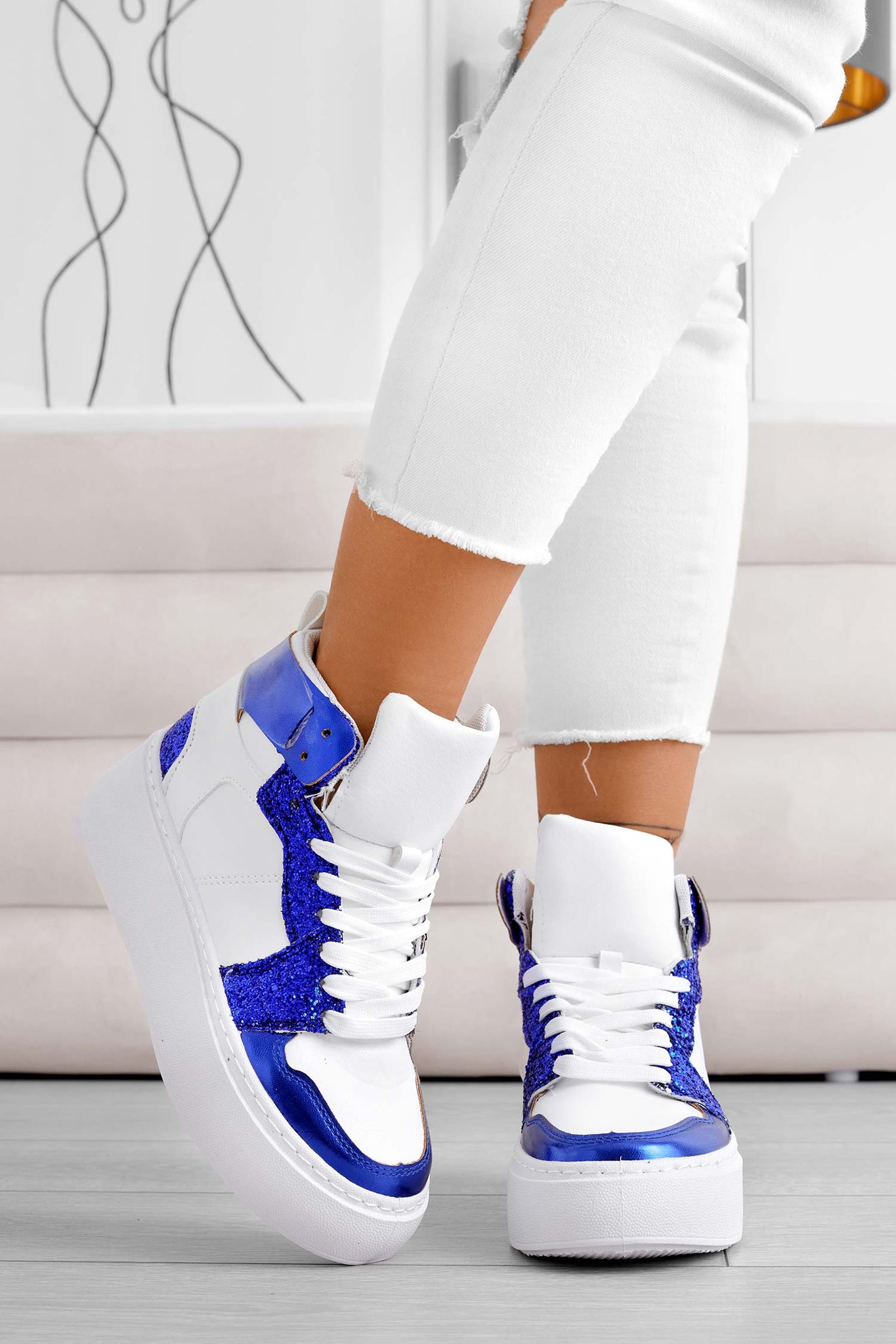 White sneakers with blue glitter inserts