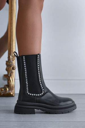 GIRONA - Black ankle boots with elastic and rhinestone trim