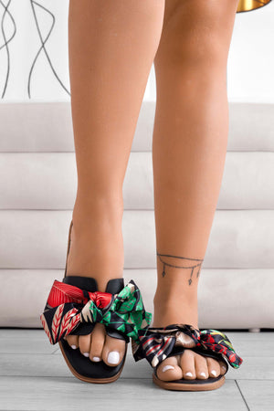 Black patterned slide sandals