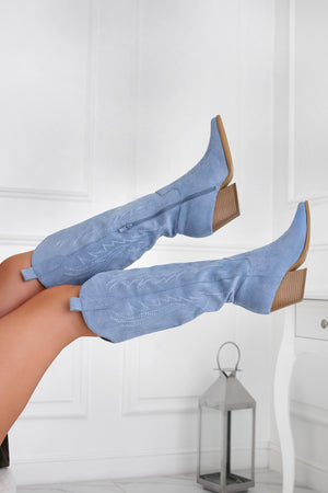 Blue suede camper boots with comfortable heel