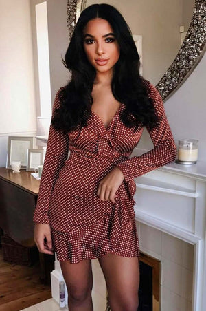 Polka dot dress with V-neck Brick