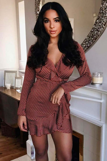 Polka dot dress with V-neck Brick