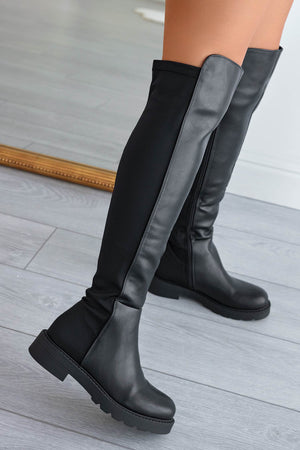 Black over-the-knee boots in stretch fabric