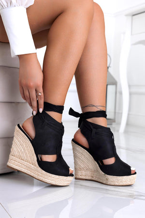 Black wedge espadrille sandals with laces