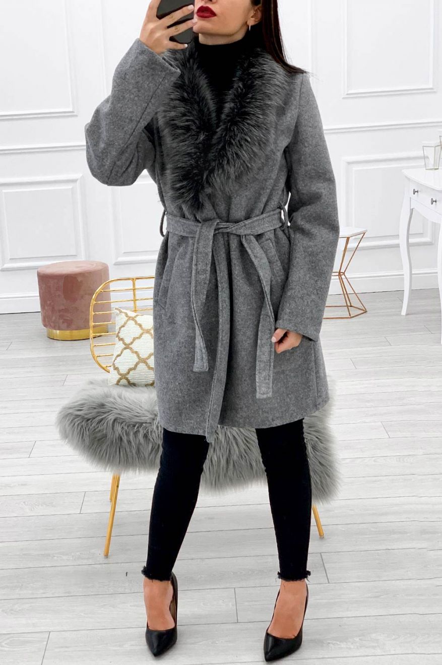 Coat with waist tie and faux fur collar Grey