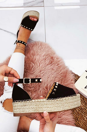 Espadrillas nere Alexoo con cinturino e borchie oro