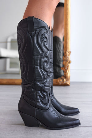 Alexoo black camper boots with embossed embroidery