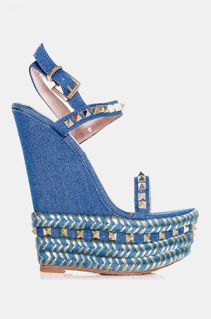 Wedge sandals in denim with studs Togo Blue