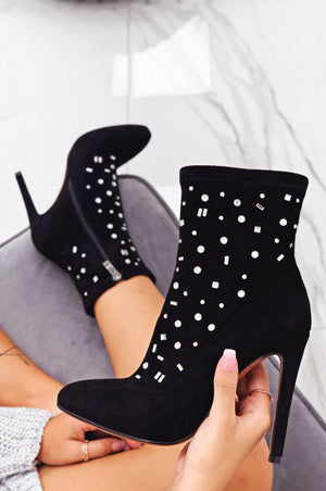 Black ankle boots with high heels and rhinestones