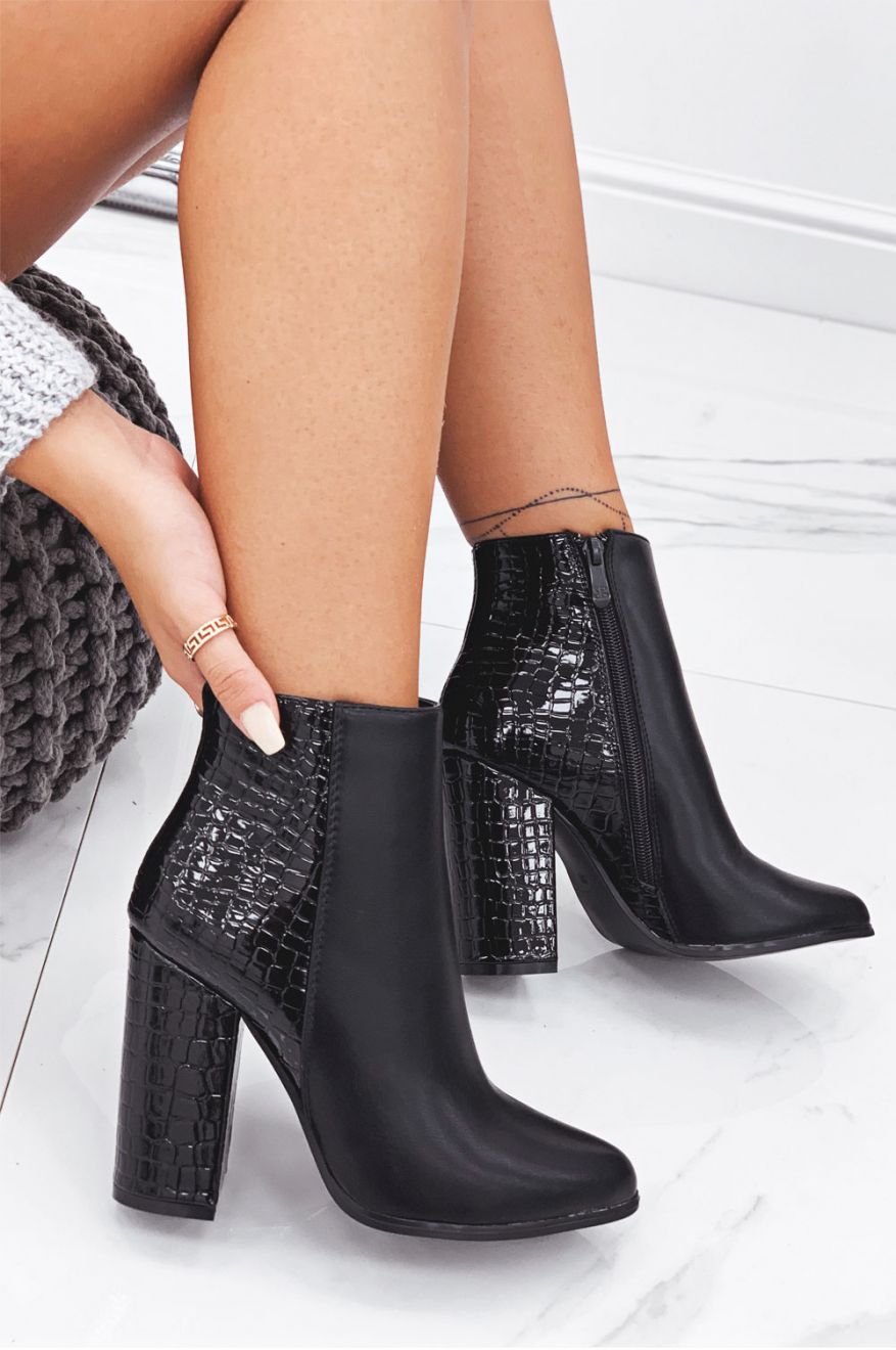 Black ankle boots with crocodile-effect back
