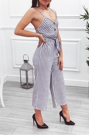 White striped short jumpsuit with suspenders