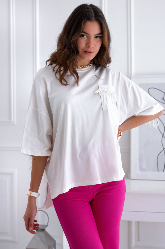 Maxi t-shirt bianca con frange riflesso multicolor