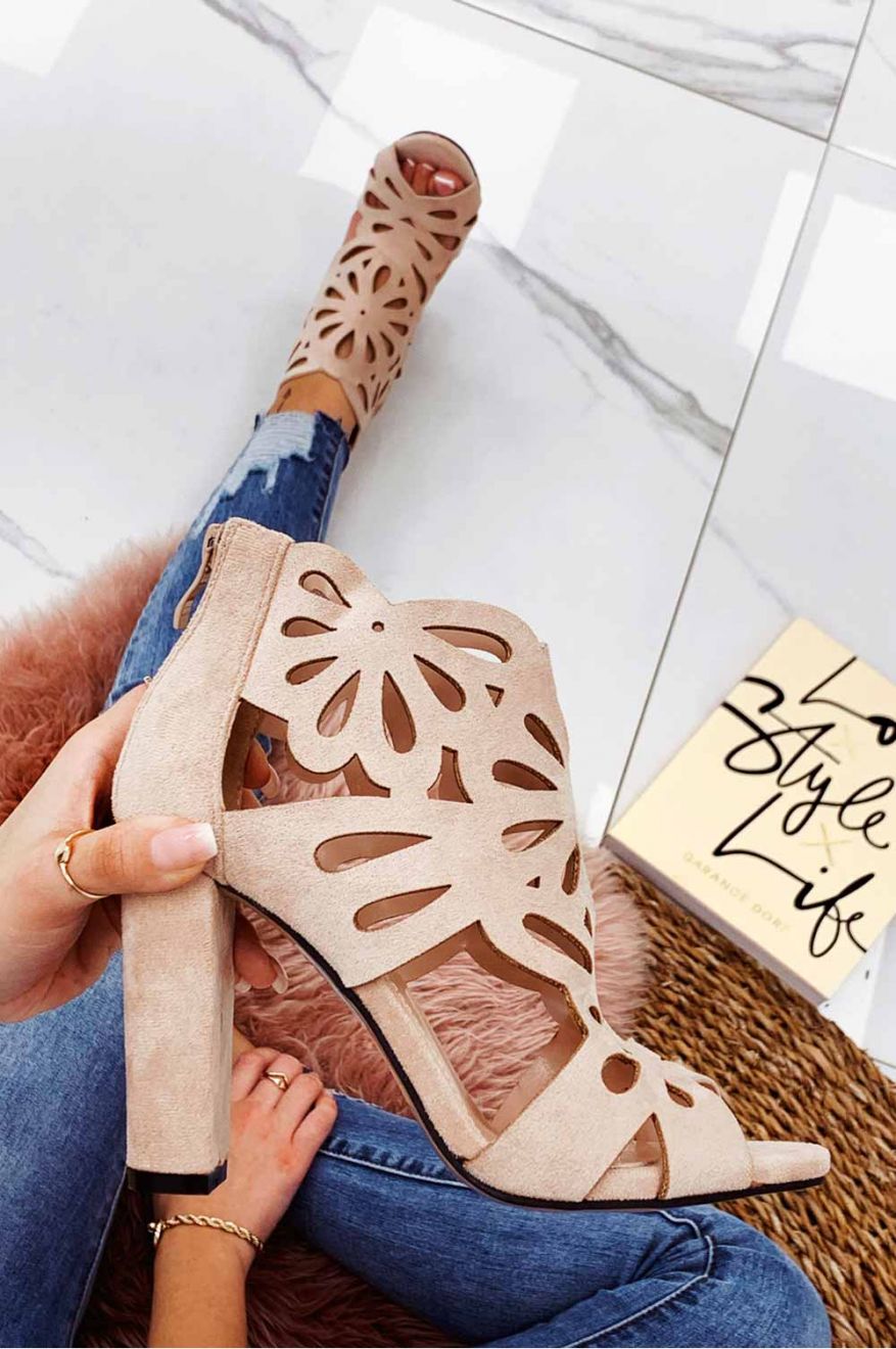 Beige perforated sandals with comfortable heel