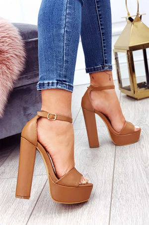 Camel sandals in faux leather with high heel and ankle strap