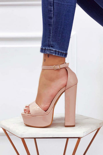 Nude patent leather sandals with high heel and ankle strap