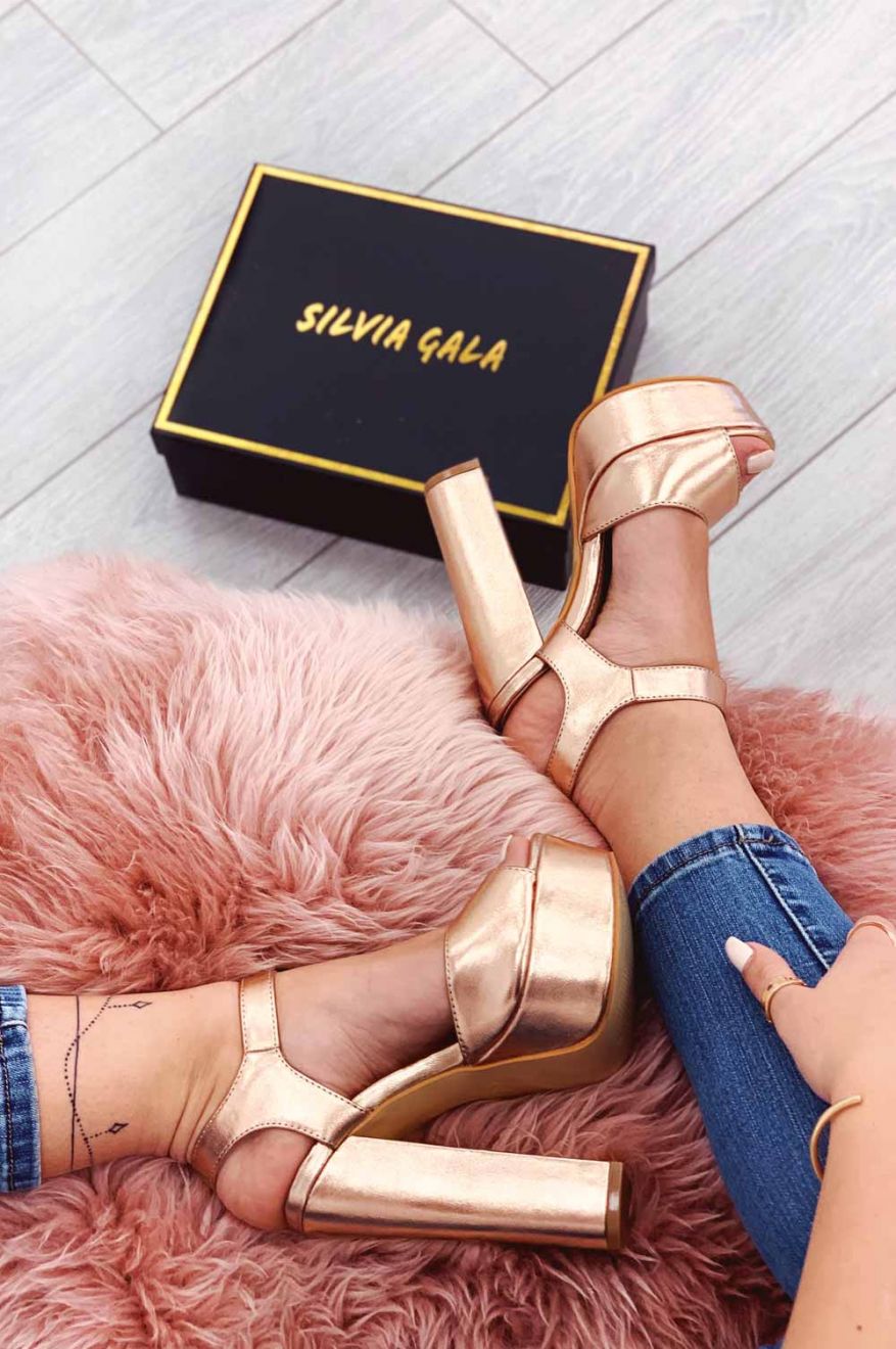 Metallic rose gold high-heeled sandals