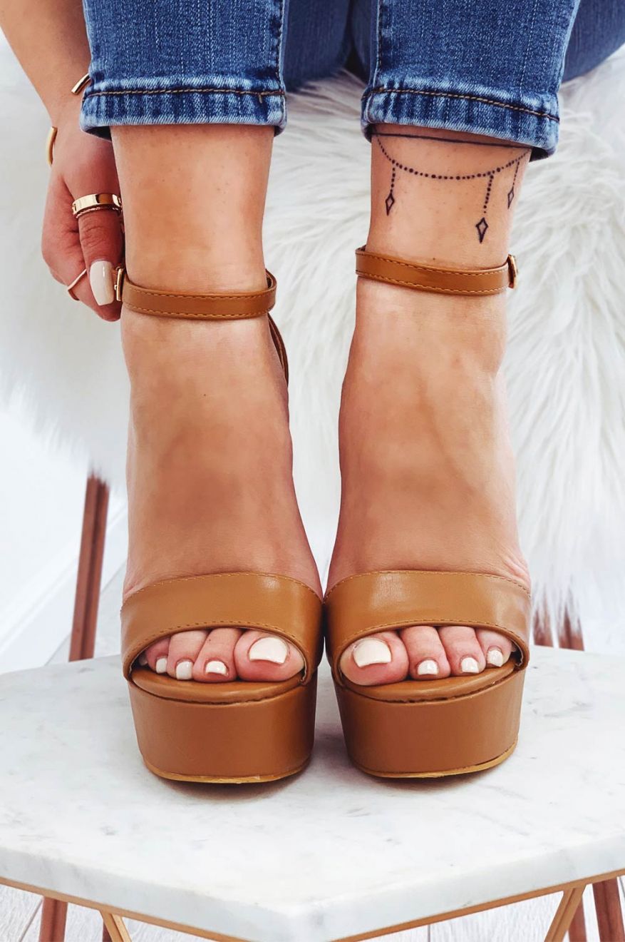 Camel sandals in faux leather with high heel and ankle strap