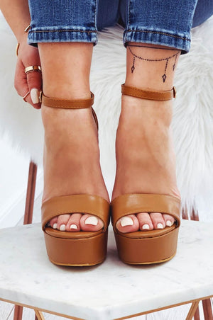 Camel sandals in faux leather with high heel and ankle strap