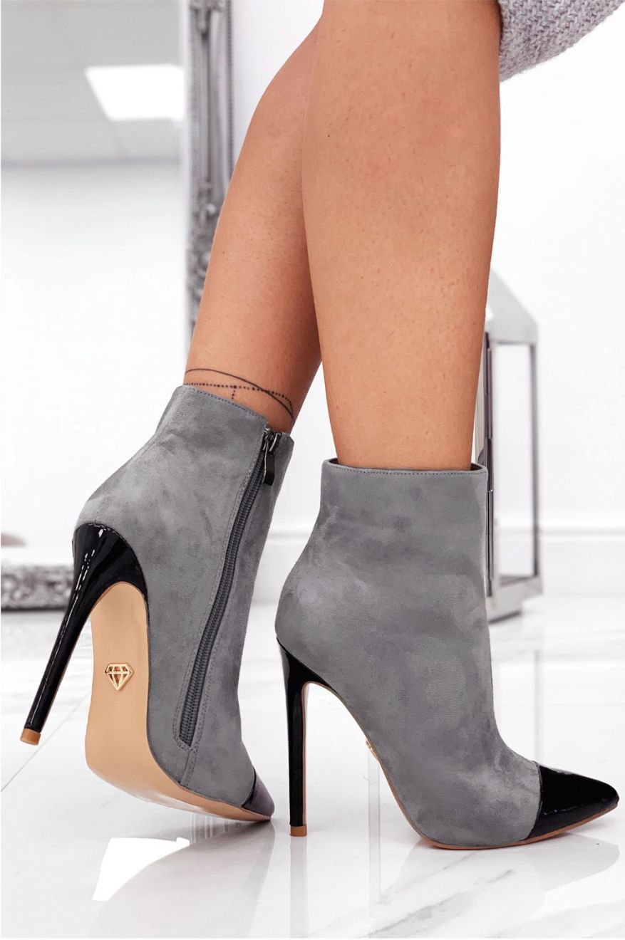 Gray ankle boots with heel and black patent leather toe