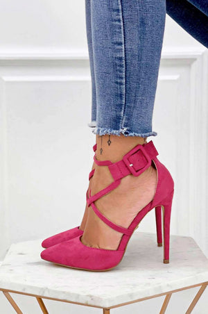 Fuchsia suede pumps with high heel