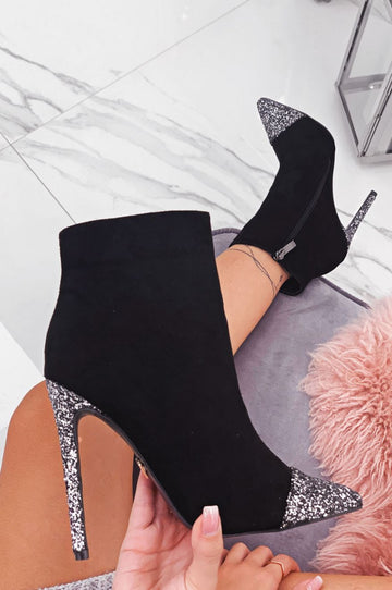 Black suede ankle boots with glitter heel and toe