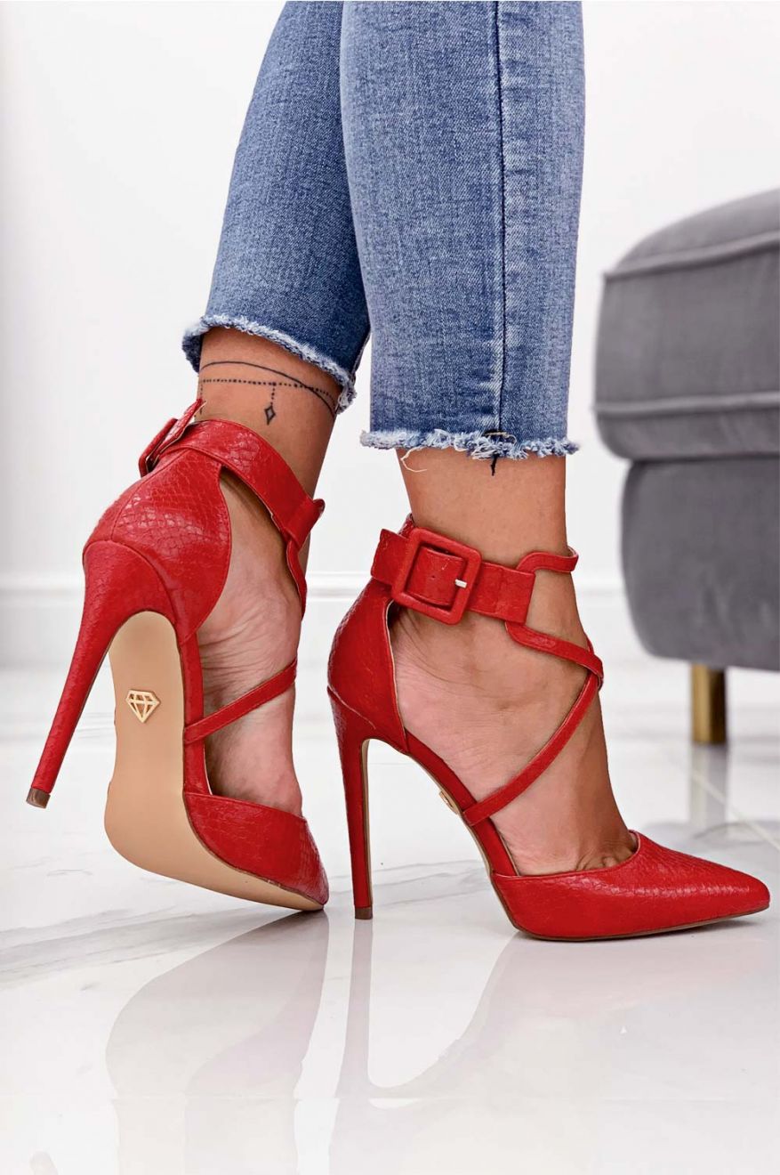 Red python-effect high-heeled pumps