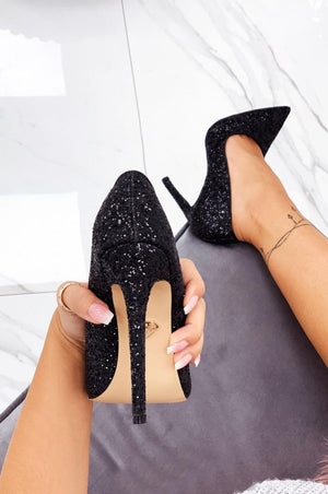 Black glitter high-heeled pumps