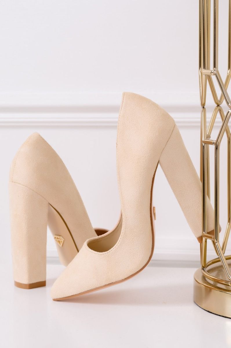 Beige suede pumps with comfortable heel