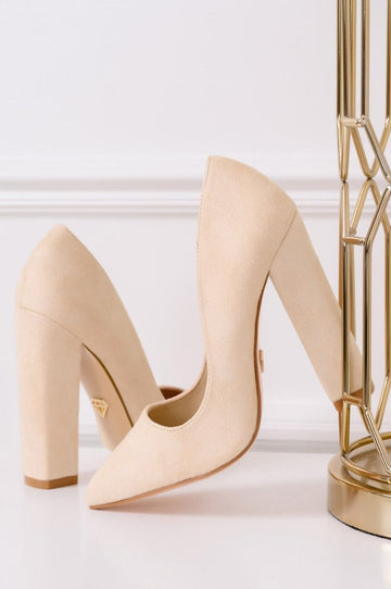 Beige suede pumps with comfortable heel