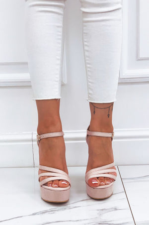 Pink suede high-heeled sandals