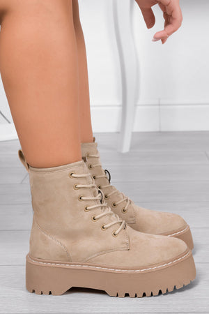 LARISSA - Alexoo beige suede combat boots with thick sole