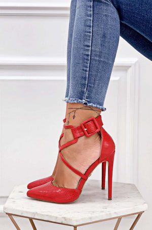 Red python-effect high-heeled pumps