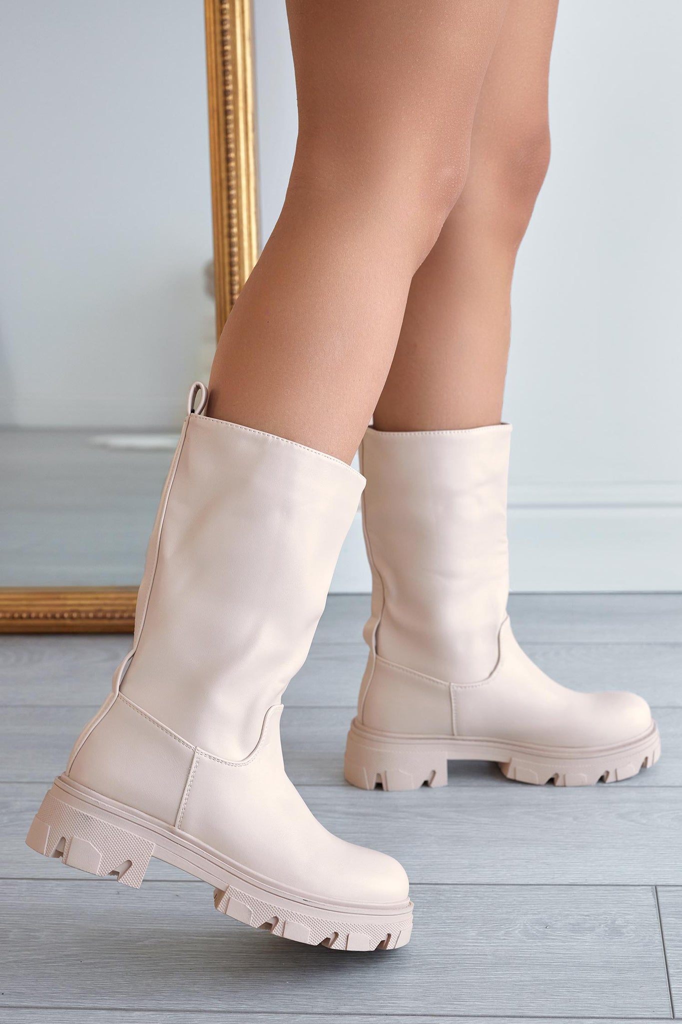 Beige combat ankle boots in faux leather