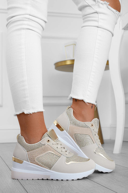 MICOL - Sneakers beige con inserti glitter e strass