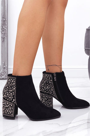 Black ankle boots with jeweled rhinestones