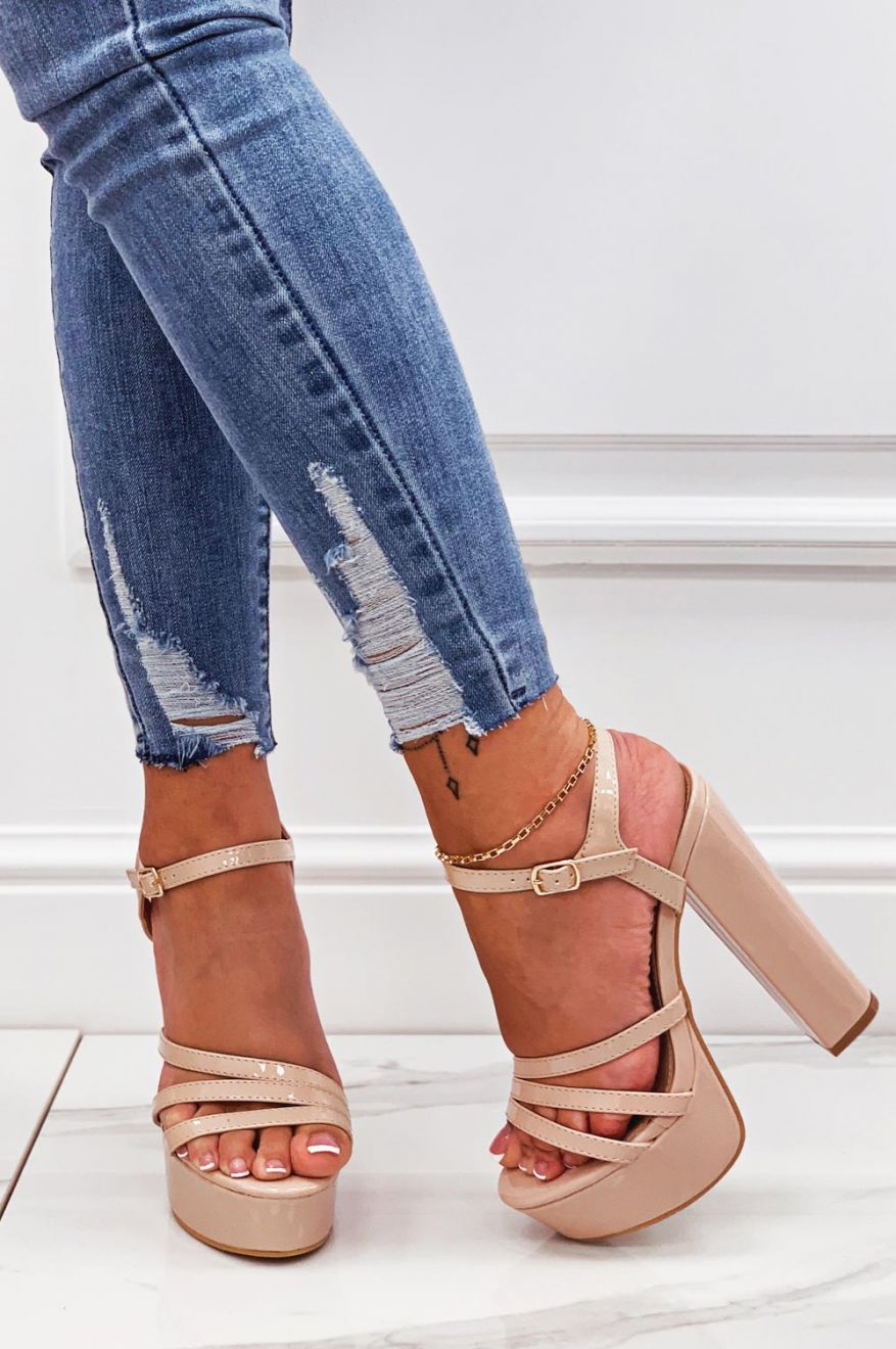 Nude patent leather sandals with high heel